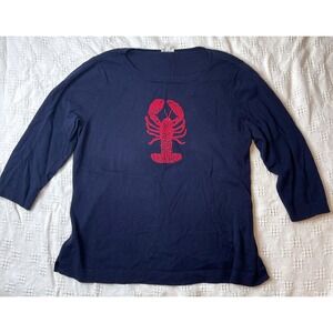 Talbots Navy Blue Cotton Lobster Crew Neck 3/4 Sleeve Sweater Fisherman‎ XL